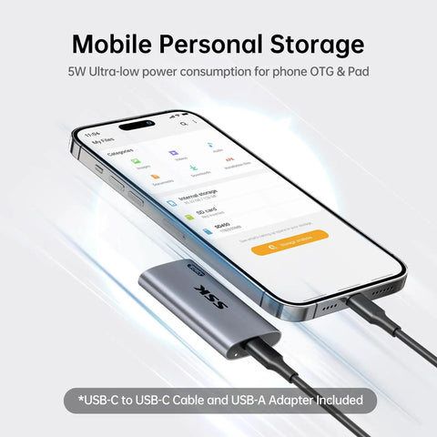 128GB Portable External SSD Drive With Snappy Read And Write Speeds Up To 550 MB Per Second For Quick On The Go Backups, Media, And File Transfers For Laptops, Desktops, And Enthusiast Setups. portable external SSD connected to a smartphone with USB-C cable