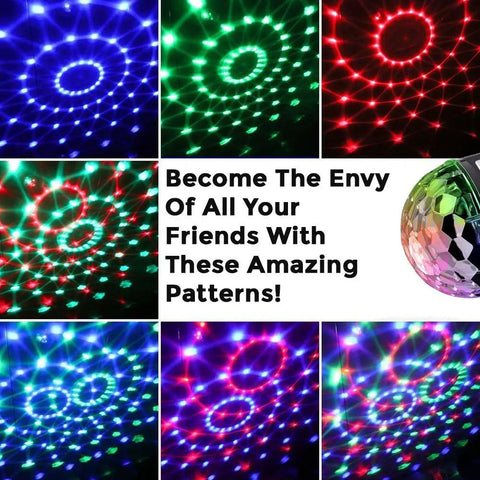 LED Disco Ball Party Light with DMX Control and Sound Activated RGB LEDs for DJs displaying multicolor patterns