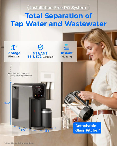 Woman using Instant Hot Reverse Osmosis Countertop Water Filter with Seven Stage Filtration and Glass Pitcher in kitchen