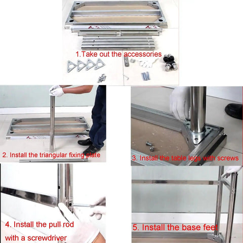 Heavy Duty 304 Stainless Steel Work Table With Adjustable Height, Removable Top, Reinforced Legs, Commercial Kitchen Prep Station assembly process.