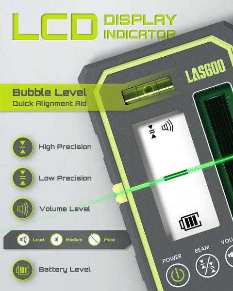 Laser Detector for Line Lasers With Pulse Mode, Dual LCD Display, Backlit Readout, 164 Ft Range, Adjustable Speaker, Bubble Level, Clamp Included on receiver