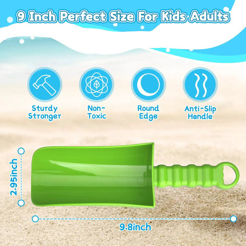 Big 9 Inch Beach Sand Shovels Set For Kids And Adults, green shovel with anti-slip handle and non-toxic material, 9.8 inches long
