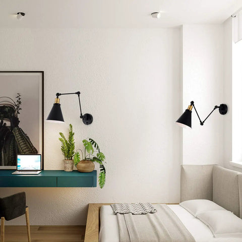 Modern bedroom with two Light Dimmable Industrial Wall Sconce With On Off Switch Edison Vintage Style Swing Arm Lamp on wall