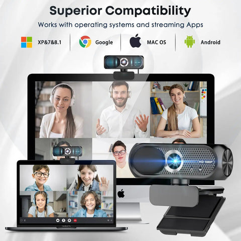 Hella Crisp 1080P HD Webcam With Noise Cancelling Mic And Privacy Shutter For Gaming Live Stream And Video Calls, shown on monitor with video calls.