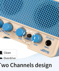 Tiny But Mighty 5W Mini Guitar Amp With Bluetooth 5.0 control knobs for clean and overdrive, blue edition, close-up view