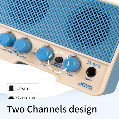 Tiny But Mighty 5W Mini Guitar Amp With Bluetooth 5.0 control knobs for clean and overdrive, blue edition, close-up view