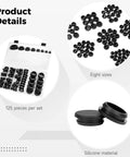 Dope 125 Piece Black Silicone Plug Assortment Kit With Storage Case For Round Holes 0.2 To 1 Inch, eight sizes