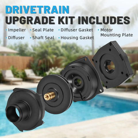 Drivetrain Upgrade Kit For Hayward Super Pump 1 HP Motors High Efficiency Drivetrain Kit For SP1600X Series Pool Pumps Replacement Drivetrain For SP1605X7 SP1607X10 SP1608X10 SP1610X15 SP1611X15 SP1615X20 SP1616X20 SP1621X25 with impeller, seal plate, diffuser