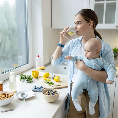 Mother holding baby while drinking water in modern kitchen with healthy breakfast items on the counter.