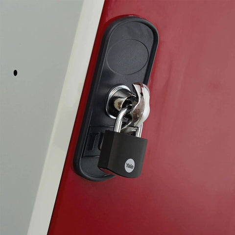 Covered Aluminum Padlock With 4 Keyed Alike Keys For Gym Lockers, Luggage And Cases, Built For Indoor Outdoor Use, on red locker