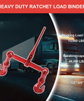 Red Beefy Ratchet Load Binders Half To Five Eighths Inch With Grab Hooks, 13,000 Lb Working Load Limit, on a semi-truck backdrop