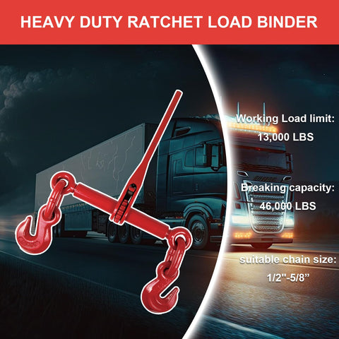 Red Beefy Ratchet Load Binders Half To Five Eighths Inch With Grab Hooks, 13,000 Lb Working Load Limit, on a semi-truck backdrop