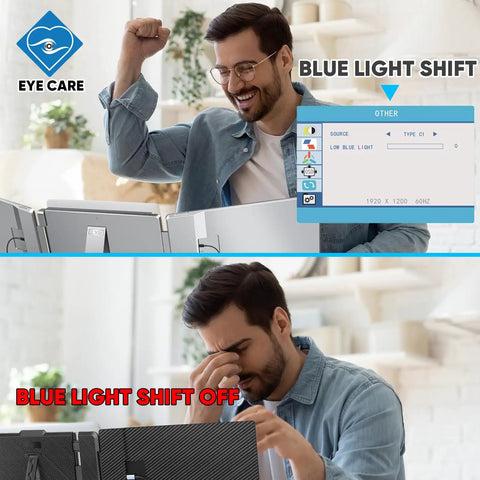 Man using Triple Screen Laptop Extender For 12 To 16.2 Inch Laptops, FHD 1200P 16:10 IPS Portable Monitor with blue light shift on and off.