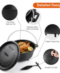 Preseasoned Cast Iron 8 Qt Dutch Oven With Lid For Outdoor Camping Campfire Grilling Oven And Stovetop Cooking Includes Lid Lifter Dual Handles Black Finish with chicken inside
