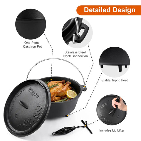 Preseasoned Cast Iron 8 Qt Dutch Oven With Lid For Outdoor Camping Campfire Grilling Oven And Stovetop Cooking Includes Lid Lifter Dual Handles Black Finish with chicken inside