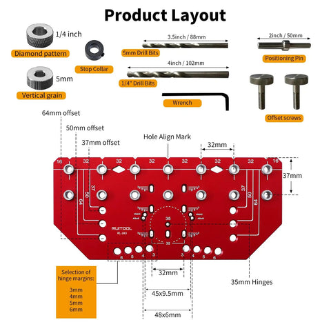 Pro Level 7 Hole Shelf Pin Jig And 2 In 1 Cabinet Hinge Boring Guide Set layout with drill bits and measurement markings.
