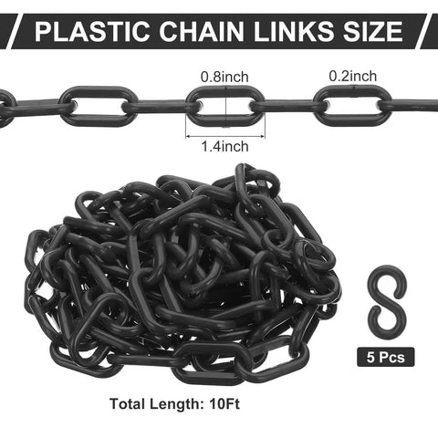 Black Plastic Chain Links, Ten Feet Long For Barriers And Crowd Control, 1.4 by 0.8 inch lightweight links coiled and measured