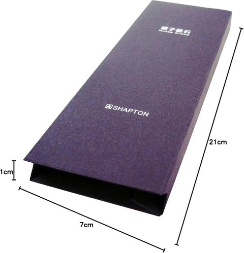 Box of GlassStone 16000 Nano Class Knife Sharpening Stone Type CA 50303, purple packaging, with Shapton logo, dimensions shown