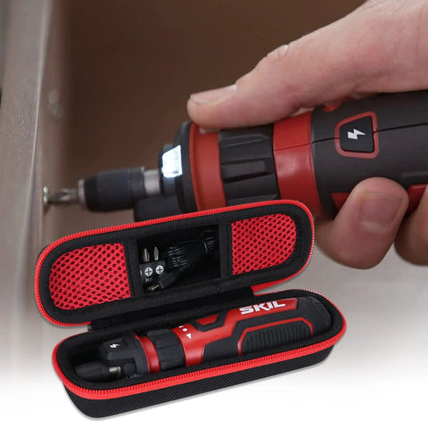 Heavy Duty Hard Shell Protective Case For Rechargeable 4V Cordless Screwdriver with zippered mesh storage for accessories.