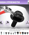 Close-up of carbon steel auto screw from 160 Piece Metal Car Screw Kit With 14 Size Options Pan Head Self Tapping Screws DIY Friendly Retainer Clips showing high strength against hammer impact