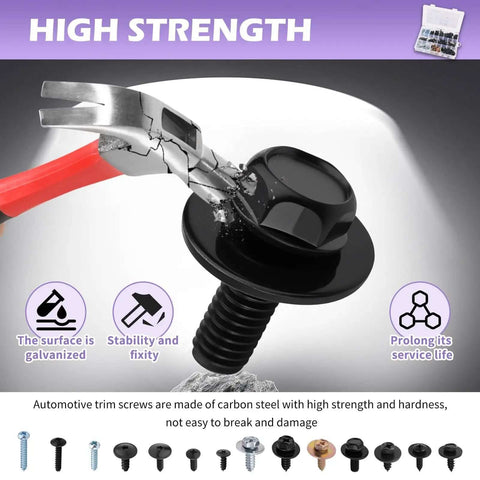 Close-up of carbon steel auto screw from 160 Piece Metal Car Screw Kit With 14 Size Options Pan Head Self Tapping Screws DIY Friendly Retainer Clips showing high strength against hammer impact