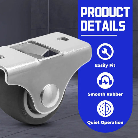 Set Of Four 1 Inch Caster Wheels With Metal Tops And TPE Rubber Low Profile Fixed Casters For Furniture Cabinets Drawers And Beds Quiet Smooth Rollers For Easy Under Furniture Mobility And Silent Floor Glide No Fuss, close-up of one caster wheel with steel top and rubber wheel.