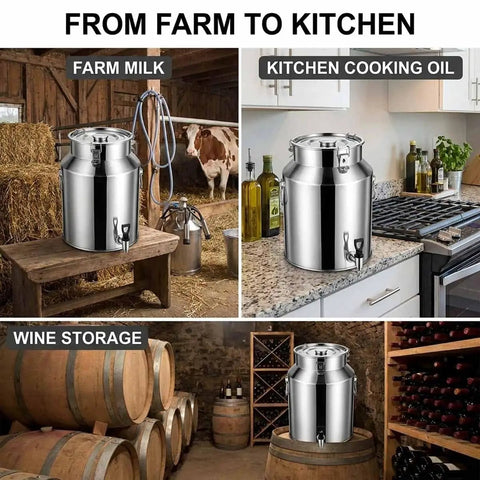 Heavy Duty 1.3 Gallon To 26.4 Gallon Stainless Steel Milk Can With Black Spigot For Fresh Liquid Storage And Dispensing Without Dents Or Deformation in various uses.