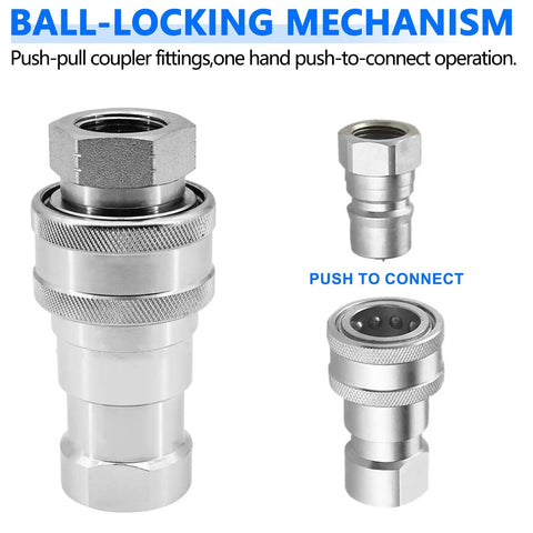 One Quarter Inch Hydraulic Quick Connect Couplers With Dust Caps ISO 7241 B Poppet Valve Pioneer Style Zero Leak For Agricultural And Industrial Equipment Heavy Duty NPT Thread And Body Set Of 2