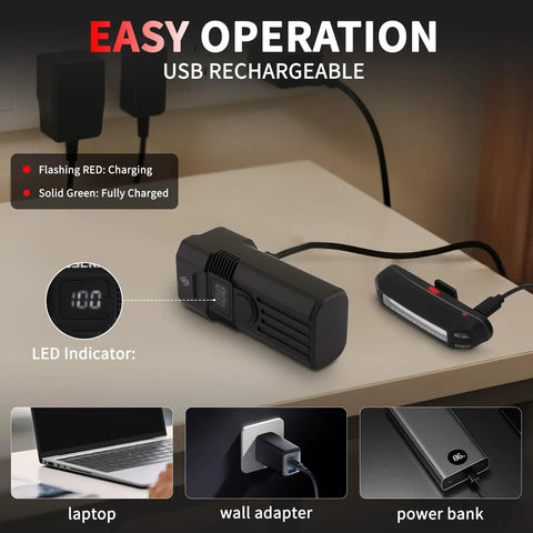 Ultra Bright 2000 Lumens Bike Light Set With Front Headlight And Rear Taillight, USB C Rechargeable, 3000mAh Battery, 6 Front Modes And 5 Rear Modes, Waterproof IP65, Aluminum Body For Night Riding, Commuting, And Safe Streets