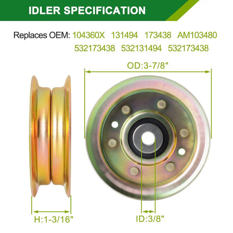 Idler specifications for Beefed Up 42 Inch Mower Deck Rebuild Kit For Craftsman Husqvarna Poulan Pro showing measurements
