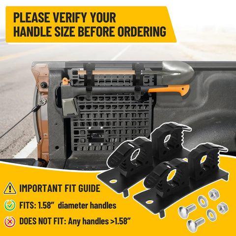 Heavy Duty Bed Rail Mount Brackets For Toyota Tacoma Truck Shovel Axe Tool Holder mounted with tools on truck bed.