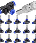 Brass Misting Nozzles Kit 30 Pcs With Filter Mesh 1/4 Inch Tee Fittings 0.012 Inch Orifice Replacement Sprayer Heads