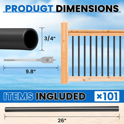 36 Inch Hollow Round Aluminum Deck Balusters Black Powder Coated For Weather Resistant Outdoor Railing Spindles with dimensions