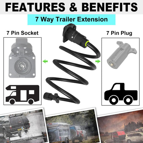 Heavy Duty 7 Way Trailer Extension Cord Plug And Play One Foot Wiring Cable With Socket For RV Camper Trailers showing 7 pin socket and plug.