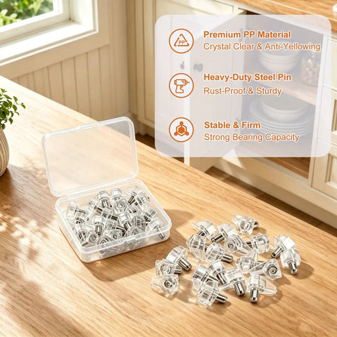 20 Pack Clear Cabinet Shelf Support Pegs Equipped With 5mm Locking Holder Clips Premium Replacement Hardware displayed in a clear container.