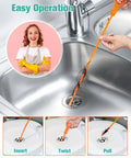 25 Inch Drain Clog Remover 7 Pack Takes The Headache Out Of Clogged Pipes Features bendable hair snake tool being used in sink.