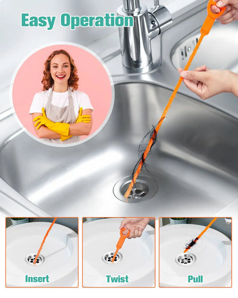25 Inch Drain Clog Remover 7 Pack Takes The Headache Out Of Clogged Pipes Features bendable hair snake tool being used in sink.