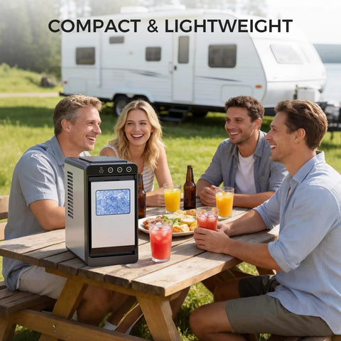 Compact Countertop Ice Maker With No Fuss Self Cleaning on picnic table with people, trailer in background