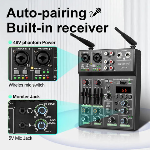 4 Channel USB DJ Mixer With Dual Wireless Microphones, Bluetooth MP3 Playback, 48V Phantom Power, USB Audio Interface