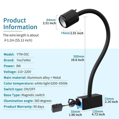 Diagram of 8W Magnetic LED Work Light For Lathe Drill Press With 12T Magnetic Base And Flexible Double Gooseneck Built To Withstand Oil And Water Providing Stable Bright Illumination In Tight Work Areas And On Metal Surfaces, showing dimensions and features, including magnetic base and flexible neck.