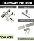 Mini Brushed Nickel Sliding Barn Door Hardware Kit For Double Doors With 60 Inch Flat Track And Bent T Shape Rollers Non Bypass Design Ideal For Cabinets TV Stands Consoles Closets And More components including track, rollers, and spacers.