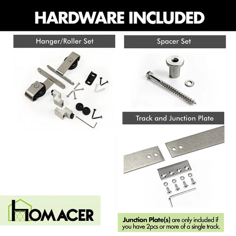 Mini Brushed Nickel Sliding Barn Door Hardware Kit For Double Doors With 60 Inch Flat Track And Bent T Shape Rollers Non Bypass Design Ideal For Cabinets TV Stands Consoles Closets And More components including track, rollers, and spacers.