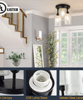 Semi Flush Mount Ceiling Light With Farmhouse Vibe And Seeded Glass, 3-Light Chandelier Fixture In Black Finish; Interior View