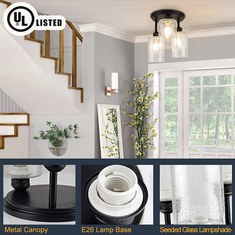 Semi Flush Mount Ceiling Light With Farmhouse Vibe And Seeded Glass, 3-Light Chandelier Fixture In Black Finish; Interior View