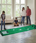 Portable Indoor And Outdoor Golf Putting Mat With 3 Balls, Retractable Push Rod, Carry Bag And Real Golf Balls on living room floor