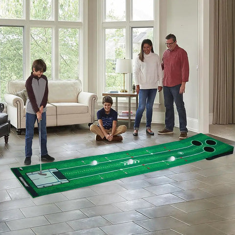 Portable Indoor And Outdoor Golf Putting Mat With 3 Balls, Retractable Push Rod, Carry Bag And Real Golf Balls on living room floor