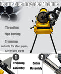 Pro Grade Electric Pipe Threader Machine For Half Through Four Inch Bspt And Npt Threads With 220v Heavy Duty Specs No Drama Auto Lubrication And Ironclad Locking Chuck shown with pipe cutter and trimming assembly.