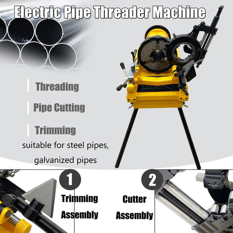 Pro Grade Electric Pipe Threader Machine For Half Through Four Inch Bspt And Npt Threads With 220v Heavy Duty Specs No Drama Auto Lubrication And Ironclad Locking Chuck shown with pipe cutter and trimming assembly.