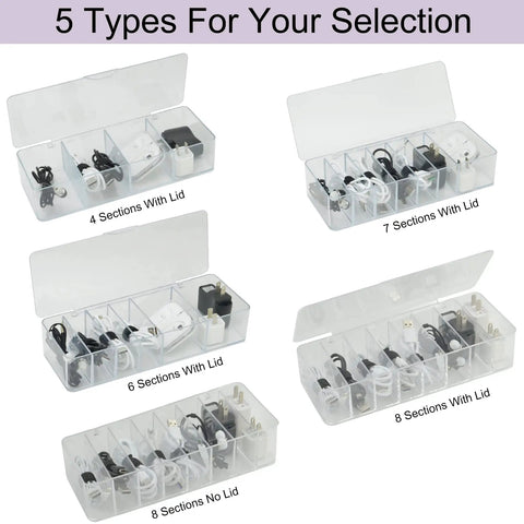 Clear Acrylic 8 Section Electronics Organizer Bin With Lid Cord Holder And 20 Reusable Cable Ties For Chargers Cables Headphones And Accessories For Desk Or Travel Use Keeps Cords Neat And Easy Access