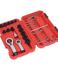 28-Piece Heavy Duty Broken Screw Extractor Set With Rust Resistant Design For Electric Drills And Ratchets To Fix Stripped, Damaged, Or Stuck Bolts Quickly Without Breaking A Sweat On Any Tough Job. open red case with drill bits and extractors